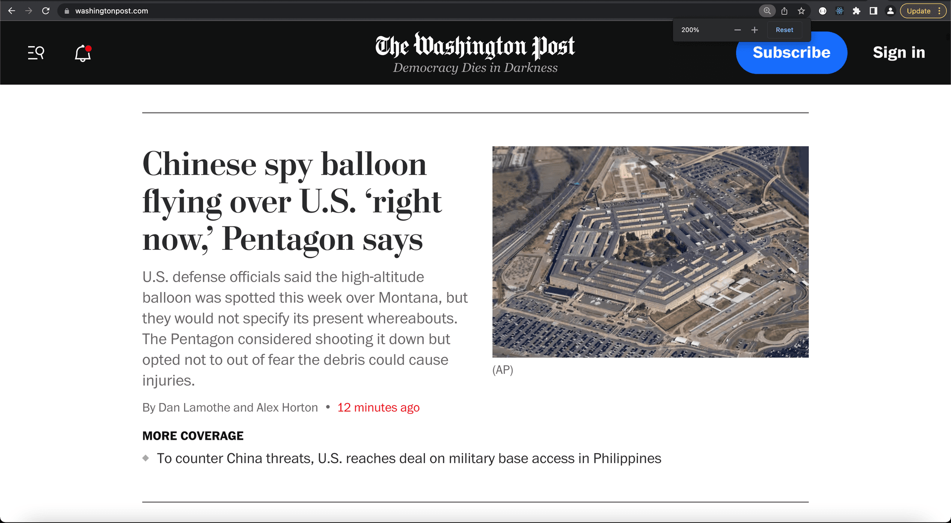 Screenshot shows The Washington Post homepage at 200% page zoom.